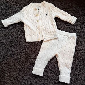 NWT Ralph Lauren Cable-Knit Cotton Cardigan & Pant Set white 9 mo